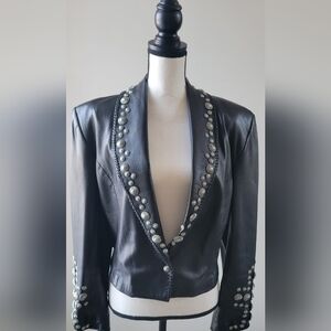 Diamond Leather Vintage Black Jacket Silver Embellishments Womens Size‎ 8